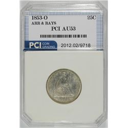 1853-O ARROWS AND RAYS SEATED QUARTER, PCI  AU