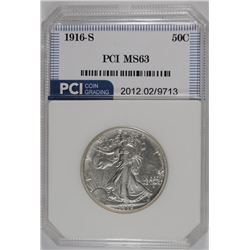 1916-S WALKING LIBERTY HALF DOLLAR, PCI  CHOICE BU