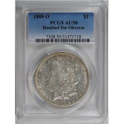 1888-O MORGAN SILVER DOLLAR PCGS AU50 DOUBLED DIE OBVERSE