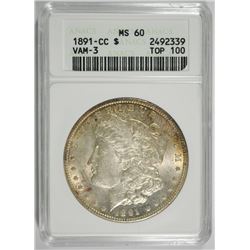 1891-CC MORGAN DOLLAR, ANACS MS-60 "SPITTING EAGLE" VERY NICE COIN!!