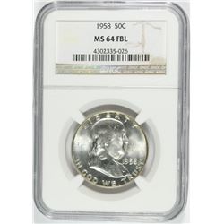 1958 FRANKLIN HALF DOLLAR, NGC MS-64 FBL