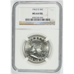 1963-D FRANKLIN HALF DOLLAR, NGC MS-64 FBL
