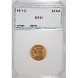 1914-D $2.50 GOLD INDIAN, PCI CHOICE BU