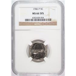 1986-P JEFFERSON NICKEL NGC MS66 5 FULL STEPS POPULATION 4, NONE HIGHER