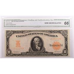 1907 $10.00 GOLD CERTIFICATE, FR-1171 CGA GRADED GEM UNCIRCULATED SUPERB