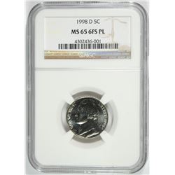 1998-D JEFFERSON NICKEL, NGC MS-65 6 FULL STEPS PROOF LIKE RARE!