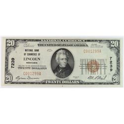 1929 $20 TYL NATIONAL CURRENCY NB OF COMMERCE OF LINCOLN CH #7239 #C001299A AU