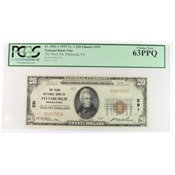 1929 $20 TYL NATIONAL CURRENCY THIRD NATL BANK OF PITTSBURG CH #291