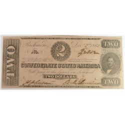 1862 $2 CONFEDERATE STATES AMERICA NOTE T-54 #42302 CH, AU FOUR FULL MARGINS