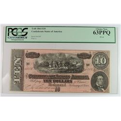1864 $10 CSA CONFEDERATE NOTE T-68 #66568 PCGS 63PPQ PF-44