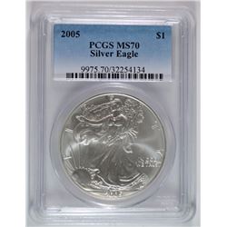 2005 AMERICAN SILVER EAGLE, PCGS MS-70 RARE