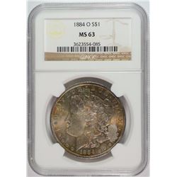 1884-O MORGAN DOLLAR NGC MS63 FULL OBVERSE RAINBOW TONE