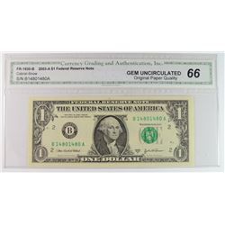 2003A $1 FEDERAL RESERVE NOTE #B14801480A REPEATER SERIAL # CGA GEM UNC OPQ