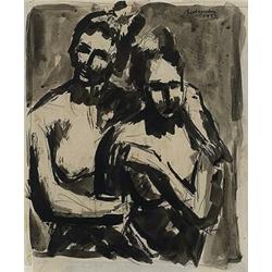 Charles Biederman (b. 1906), untitled (Two Figures), 1933, pencil and ink wash on paper, ...