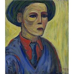 Charles Biederman (b. 1906), untitled, (Portrait of Man with Red Shirt), 1933, oil on linen...