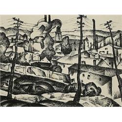 William S. Schwartz (1896-1977), Gas Factory, 1927, conte crayon on paper, 12.5 x 16.5<br...