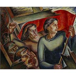 Leon Bibel (1913-1995), Flagbearers, c.1936, oil on canvas, 30 x 30.5, This painting wa...