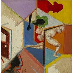 George Cohen (b. 1919), Cubiculum, 1962, oil and gesso on plywood, 12 x 12, Initialed, ...