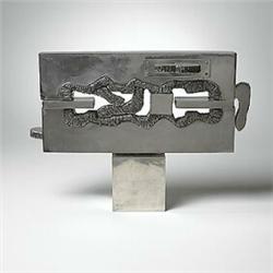 Vlavianos, untitled No. 10, 1985, polished steel, 17.75 x 24.5, Stamped signature 'Vlav...