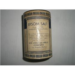 VERY OLD VINTAGE *EPSOM SALT-LOS ANGELES DRUG CO.* CONTAINER WITH LID COMPLETE!! ITEM CAME OUT OF ES