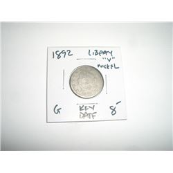 1892 *RARE KEY DATE* LIBERTY "V" NICKEL RED BOOK VALUE $8.00+ *NICE EARLY GOOD GRADE*!!