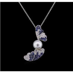 Pearl, Sapphire and Diamond Pendant With Chain - 18KT White Gold