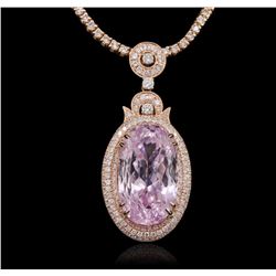 14KT Rose Gold 32.47ct GIA Certified Kunzite and Diamond Pendant With Chain