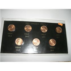 1982 LINCOLN PENNY CENT SET OF 7 COINS INCLUDING 82P SM-Z, 82P SM-C, 82P LG-Z, 82P LG-C, 82D LG-C, 8