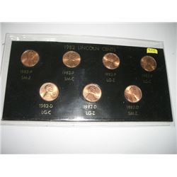 1982 LINCOLN PENNY CENT SET OF 7 COINS INCLUDING 82P SM-Z, 82P SM-C, 82P LG-Z, 82P LG-C, 82D LG-C, 8