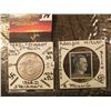 Image 1 : Nazi Germany Silver Five Mark with Swastika and 8 Pfennig Hitler Postage Stamp.
