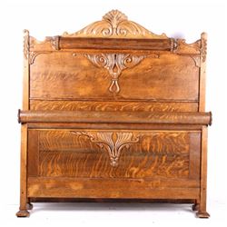 Oak Bed Frame Rolled & Carved Accents circa 1890