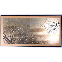 Antique Japanese Painted Silk Room Divider Screen