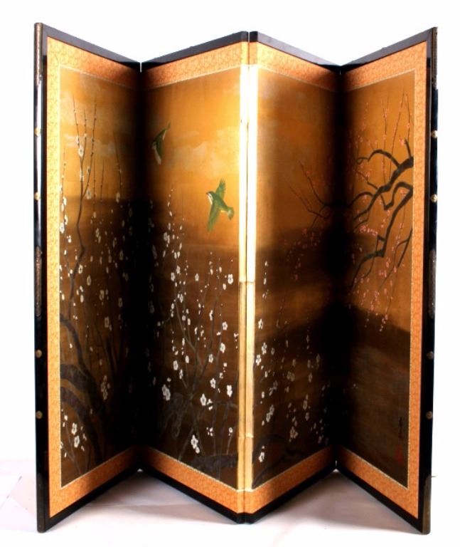 Antique Japanese Painted Silk Room Divider Screen