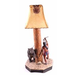 Antique Folk Art Indian and Bear Lamp