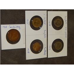 COINS - ENGLISH 6 PENCE -1948, 1958, ENGLISH 3 PENCE 1955 - ENGLISH FARTHING 1908 - CANADIAN PENNY 1