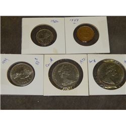 COINS - CANADIAN $1 1972 X 2 - CAN 50CENTS 1994 - USA VICTORY PENNY 1943 - CAN NICKLE 1962 = 5 PC TT