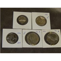 COINS - CANADIAN $1 1973, 1982 - CAN 50CENTS 2002, 1987 - CAN NICKLE 1961 = 5 PC TTL