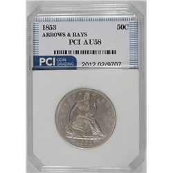 1853 ARROWS AND RAYS SEATED HALF DOLLAR, PCI AU/BU