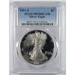 1991-S PROOF AMERICAN SILVER EAGLE, PCGS PR-70 DCAM  RARE!!