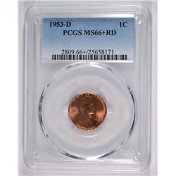 1953-D LINCOLN CENT PCGS MS66+ RD HUGE MONEY IN 67