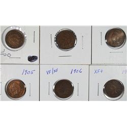 6 INDIAN HEAD CENTS; 1901, 1902, 1906 XF;  1905, 1906 F/VF; 1909 XF/AU