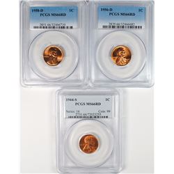 3 PCGS MS-66 RD LINCOLN CENTS; 1956-D, 1958-D & 1944-S