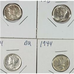 4 MERCURY DIMES AU/BU; 1941, 1943, 2-1944