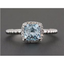 1.57ct Cushion Blue Topaz & Diamonds 14K White Gold Birthstone Halo Ring - 6.5