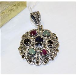 .925 SILVER RUBY, EMERALD & SAPPHIRE PENDANT