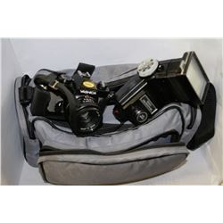 CAMERA BAG WITH FX-3 YASHICA CAMERA, VIVITAR VARI