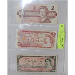 LOT OF 3-TWO DOLLAR BANKNOTES DATED 1954,1974 & 1986