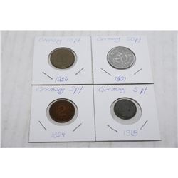 4 GERMAN COINS INCLUDING 2,5,10 AND 50 PFENNIG