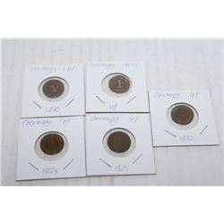 5 GERMAN 1-PFENNIG COINS INCLUDING 1895,1910,