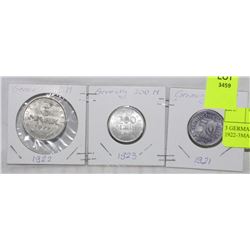 3 GERMAN COINS 1922-3MARKS,1923-200MARKS AND